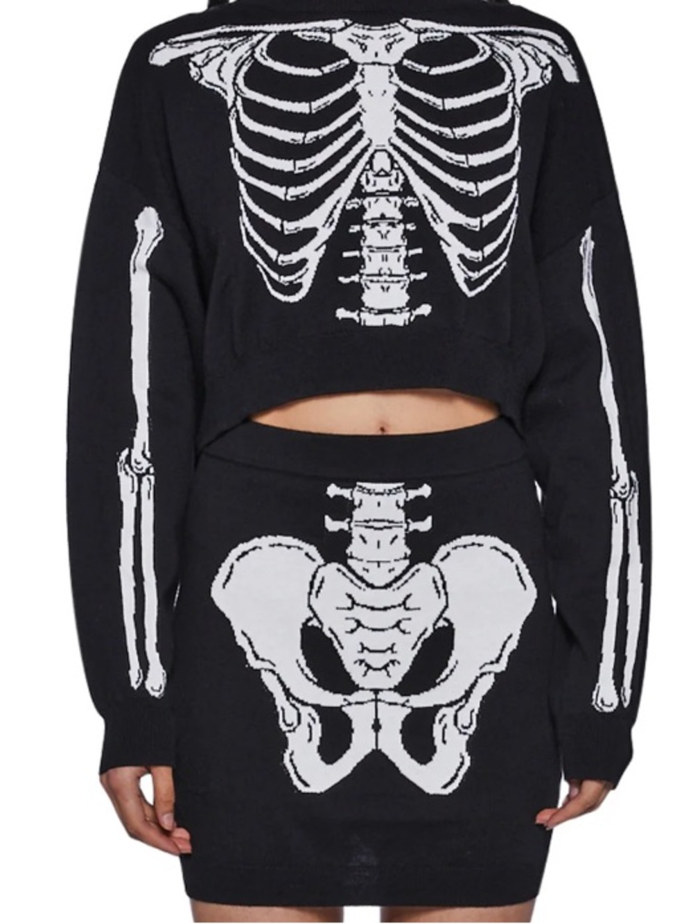 Black Cropped Skeleton Knit Sweater and Skirt Set